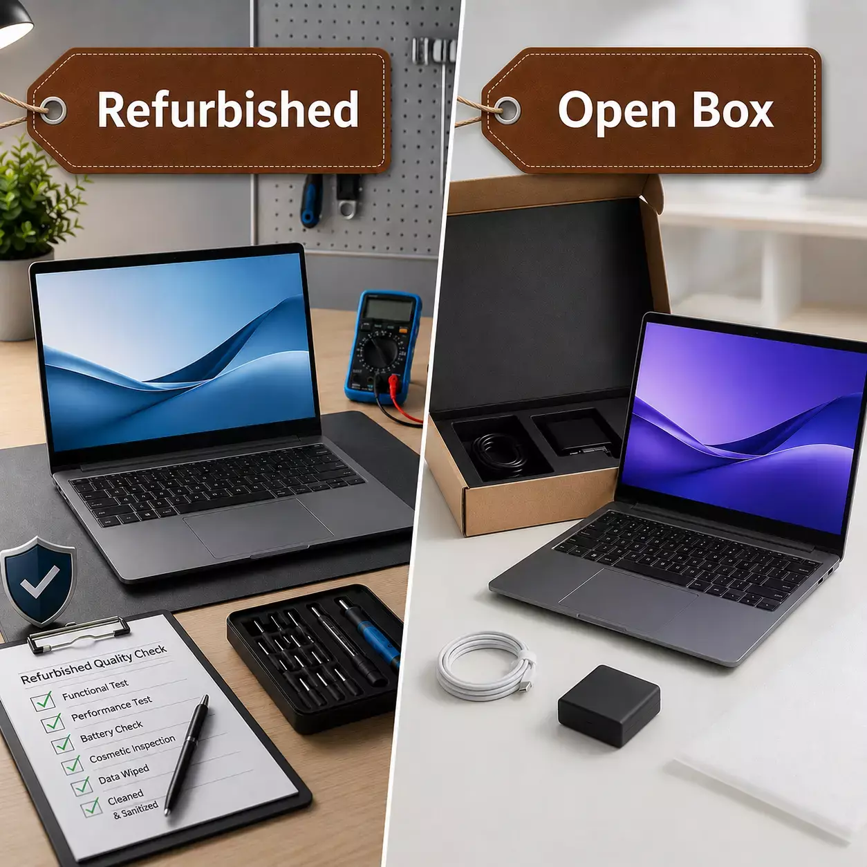 Refurbished vs Open Box laptops compared - condition, price and warranty differences at Tech Guru Store
