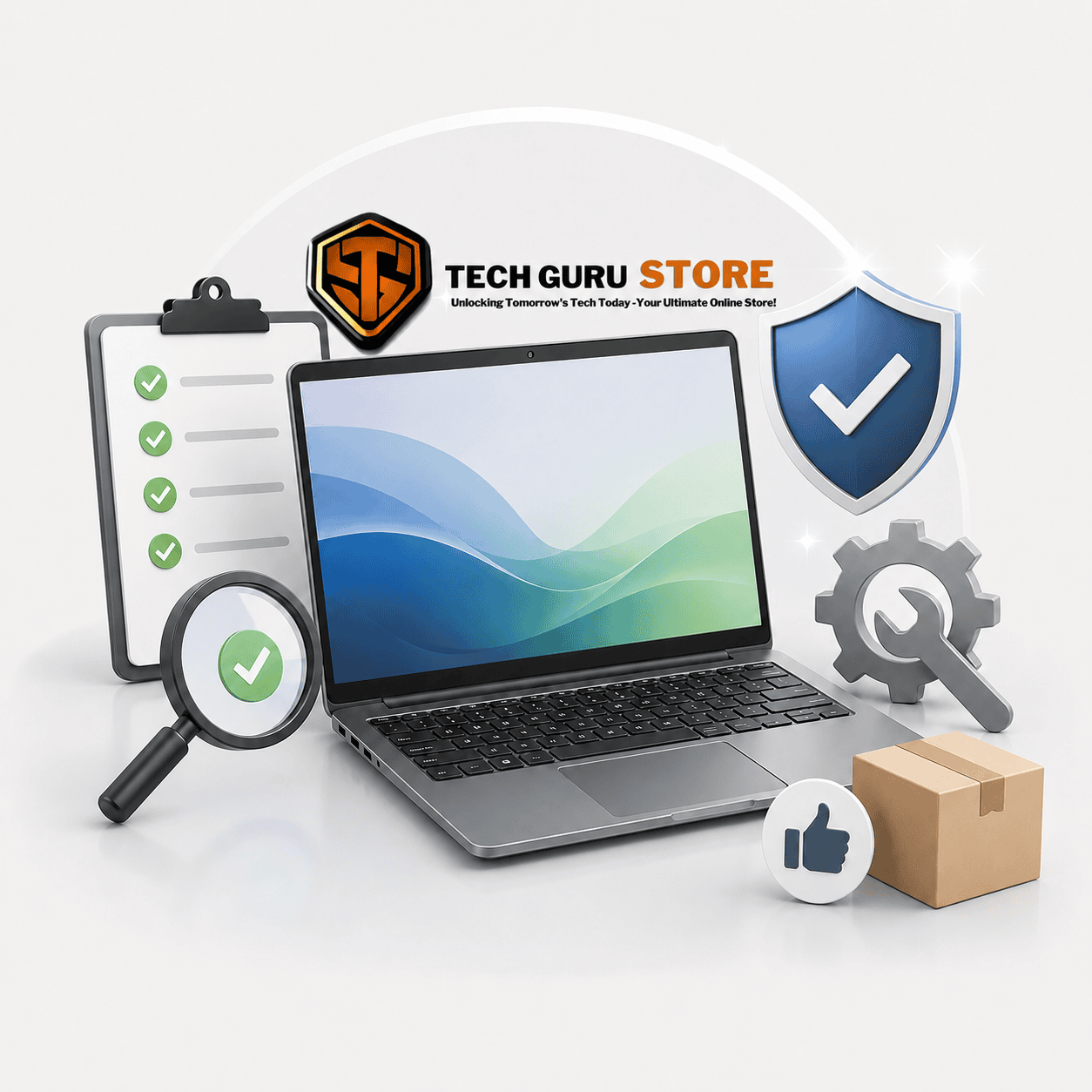 Tech Guru Store refurbished laptop with a quality check report - every unit hardware-tested before dispatch